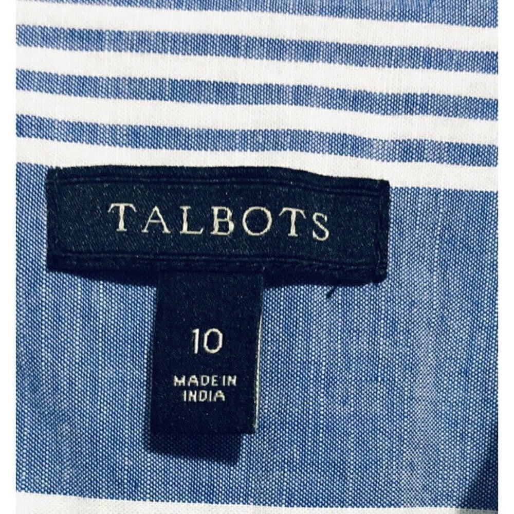 Talbots Top Womens Size 10 Blue White Striped Button Up Roll Tab Sleeves - Picture 5 of 6